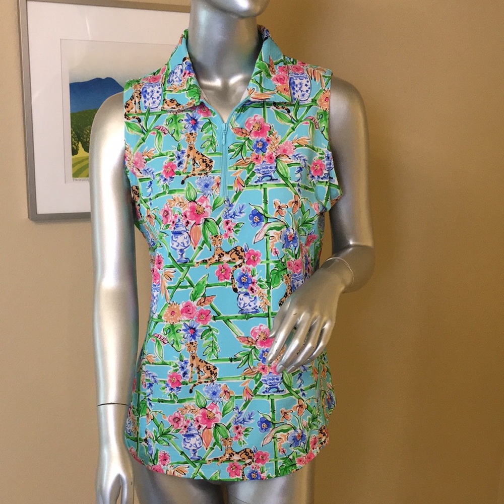 G Lifestyle Sleeveless Leopard & Floral-Print Polo Top in Aqua